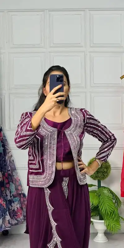 ST 1010 Purple Color Georgette Koti Embroidery Lehenga Saree Casual, Wedding, Party, Festive, Events Etc. Expected Delivery 4-6 Working Days @1099/- | Bollywood Sarees, Creative Sarees, Designer Sarees, Embroidered Sarees, Ethnic Saree, Modern Digital sarees, Party Wear Sarees, Sarees