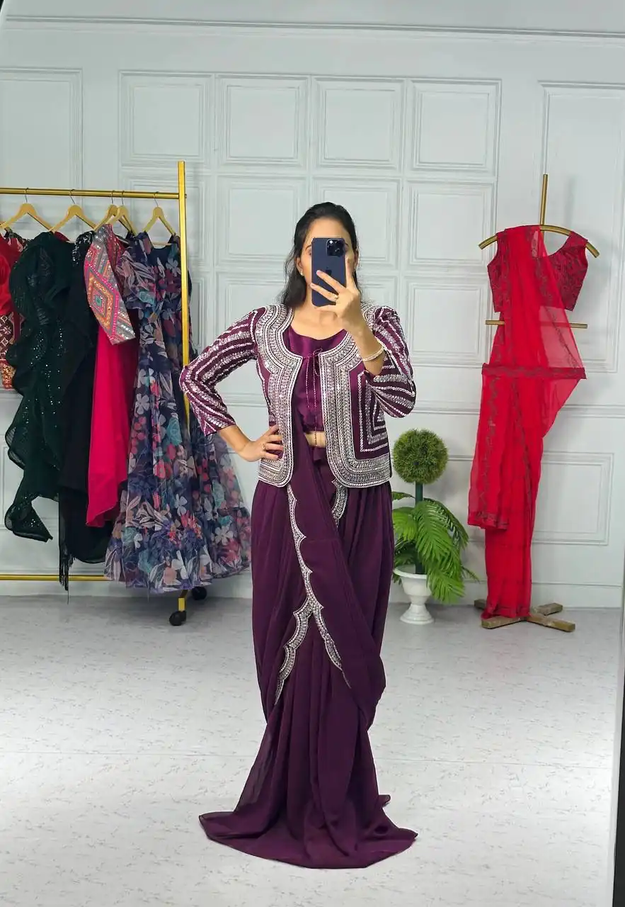 ST 1010 Purple Color Georgette Koti Embroidery Lehenga Saree Casual, Wedding, Party, Festive, Events Etc. Expected Delivery 4-6 Working Days @1099/- | Bollywood Sarees, Creative Sarees, Designer Sarees, Embroidered Sarees, Ethnic Saree, Modern Digital sarees, Party Wear Sarees, Sarees