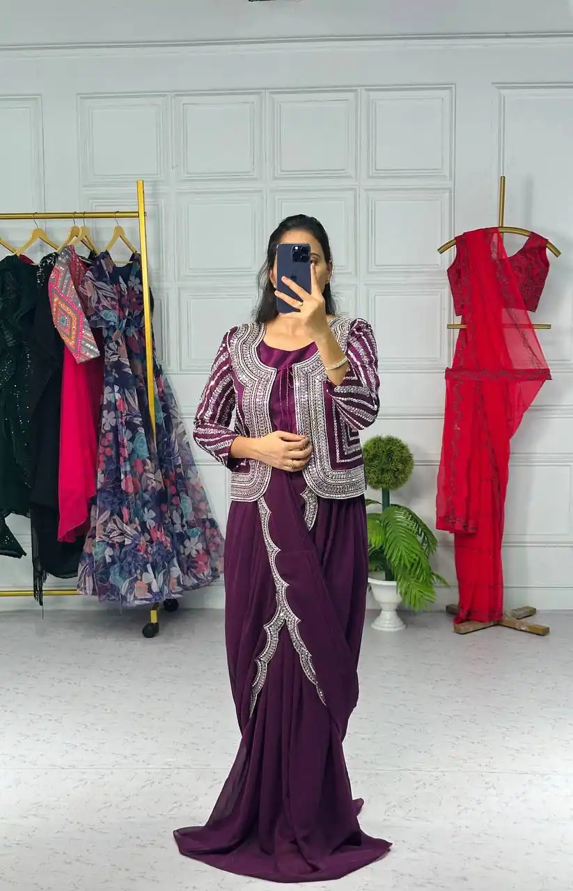 ST 1010 Purple Color Georgette Koti Embroidery Lehenga Saree Casual, Wedding, Party, Festive, Events Etc. Expected Delivery 4-6 Working Days @1099/- | Bollywood Sarees, Creative Sarees, Designer Sarees, Embroidered Sarees, Ethnic Saree, Modern Digital sarees, Party Wear Sarees, Sarees