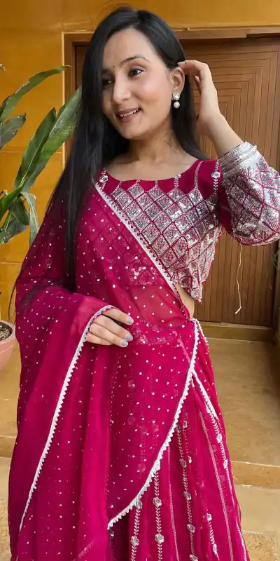 Ram 001 Rani Color Georgette Sequence Thread Work With Zari Lehenga Choli Casual, Wedding, Festive, Events Expected Delivery 4-6 Working Days @2949/- | Bollywood Lehenga, Creative Lehenga, Designer Lehenga, Embroidered Lehenga, Lehenga, Party Wear Lehenga