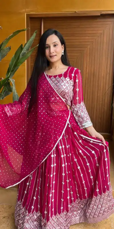 Ram 001 Rani Color Georgette Sequence Thread Work With Zari Lehenga Choli Casual, Wedding, Festive, Events Expected Delivery 4-6 Working Days @2949/- | Bollywood Lehenga, Creative Lehenga, Designer Lehenga, Embroidered Lehenga, Lehenga, Party Wear Lehenga