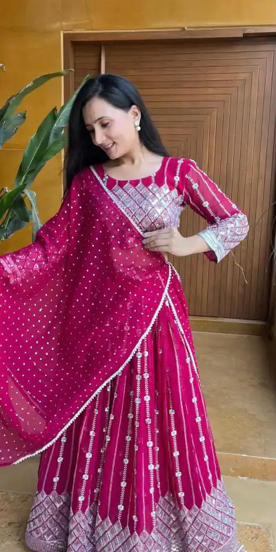 Ram 001 Rani Color Georgette Sequence Thread Work With Zari Lehenga Choli Casual, Wedding, Festive, Events Expected Delivery 4-6 Working Days @2949/- | Bollywood Lehenga, Creative Lehenga, Designer Lehenga, Embroidered Lehenga, Lehenga, Party Wear Lehenga