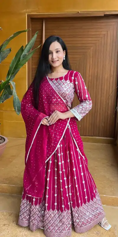 Ram 001 Rani Color Georgette Sequence Thread Work With Zari Lehenga Choli Casual, Wedding, Festive, Events Expected Delivery 4-6 Working Days @2949/- | Bollywood Lehenga, Creative Lehenga, Designer Lehenga, Embroidered Lehenga, Lehenga, Party Wear Lehenga