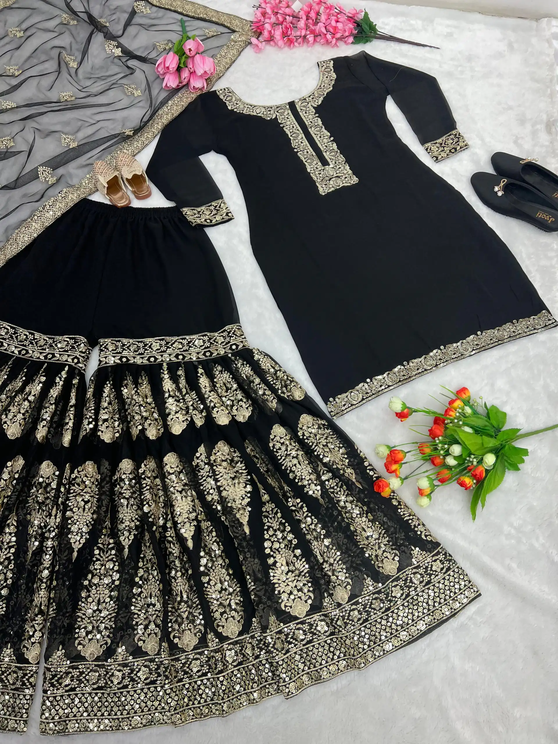 SR 1529 Black Color Heavy Georgette Embroidery Sequence Sharara Suit Wedding, Party, Festive, Events Etc. Expected Delivery 4-6 Working Days @2099/- | Casual Suits, Creative suits, Designer Suits, Palazzo Suits, Party Wear Suits, Salwar suit, Straight Suits