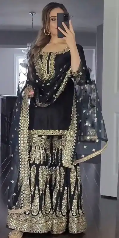 SR 1529 Black Color Heavy Georgette Embroidery Sequence Sharara Suit Wedding, Party, Festive, Events Etc. Expected Delivery 4-6 Working Days @2099/- | Casual Suits, Creative suits, Designer Suits, Palazzo Suits, Party Wear Suits, Salwar suit, Straight Suits