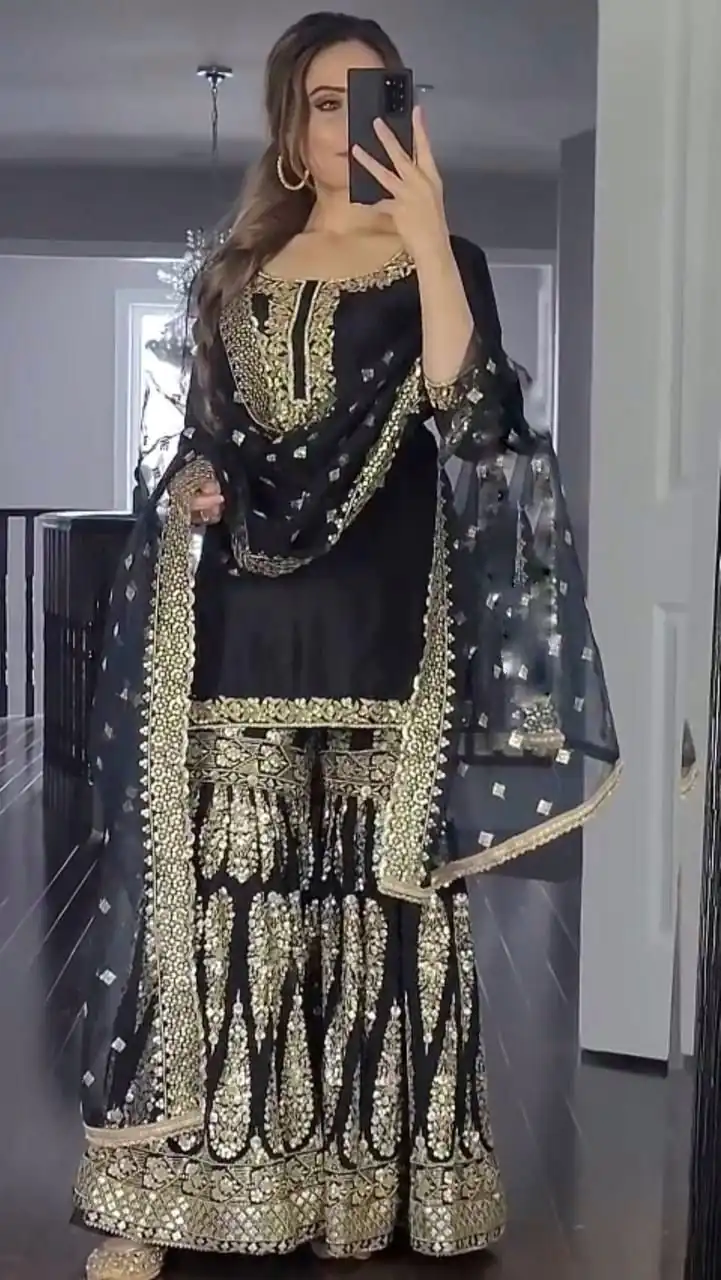 SR 1529 Black Color Heavy Georgette Embroidery Sequence Sharara Suit Wedding, Party, Festive, Events Etc. Expected Delivery 4-6 Working Days @2099/- | Casual Suits, Creative suits, Designer Suits, Palazzo Suits, Party Wear Suits, Salwar suit, Straight Suits
