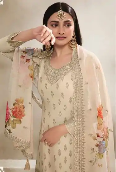 DS 67834 Cream color Viscose Chinon Embroidered Sequence Salwar Suit Casual, Wedding, Party, Festive, Events . Expected Delivery  4-6 Working Days @2849/- | Casual Suits, Creative suits, Designer Suits, Palazzo Suits, Party Wear Suits, Patiala Suits, Salwar suit, Straight Suits