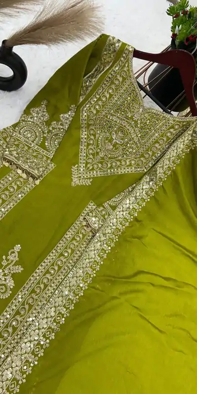 NSR 805 Green Color Pure Chinnon Silk Embroidery Coding Salwar Suit Casual, Party Festive, Events Etc. Expected Delivery 4-6 Working Days @2149/- | Casual Suits, Jump Suits, Creative suits, Designer Suits, Palazzo Suits, Party Wear Suits, Patiala Suits, Salwar suit, Straight Suits