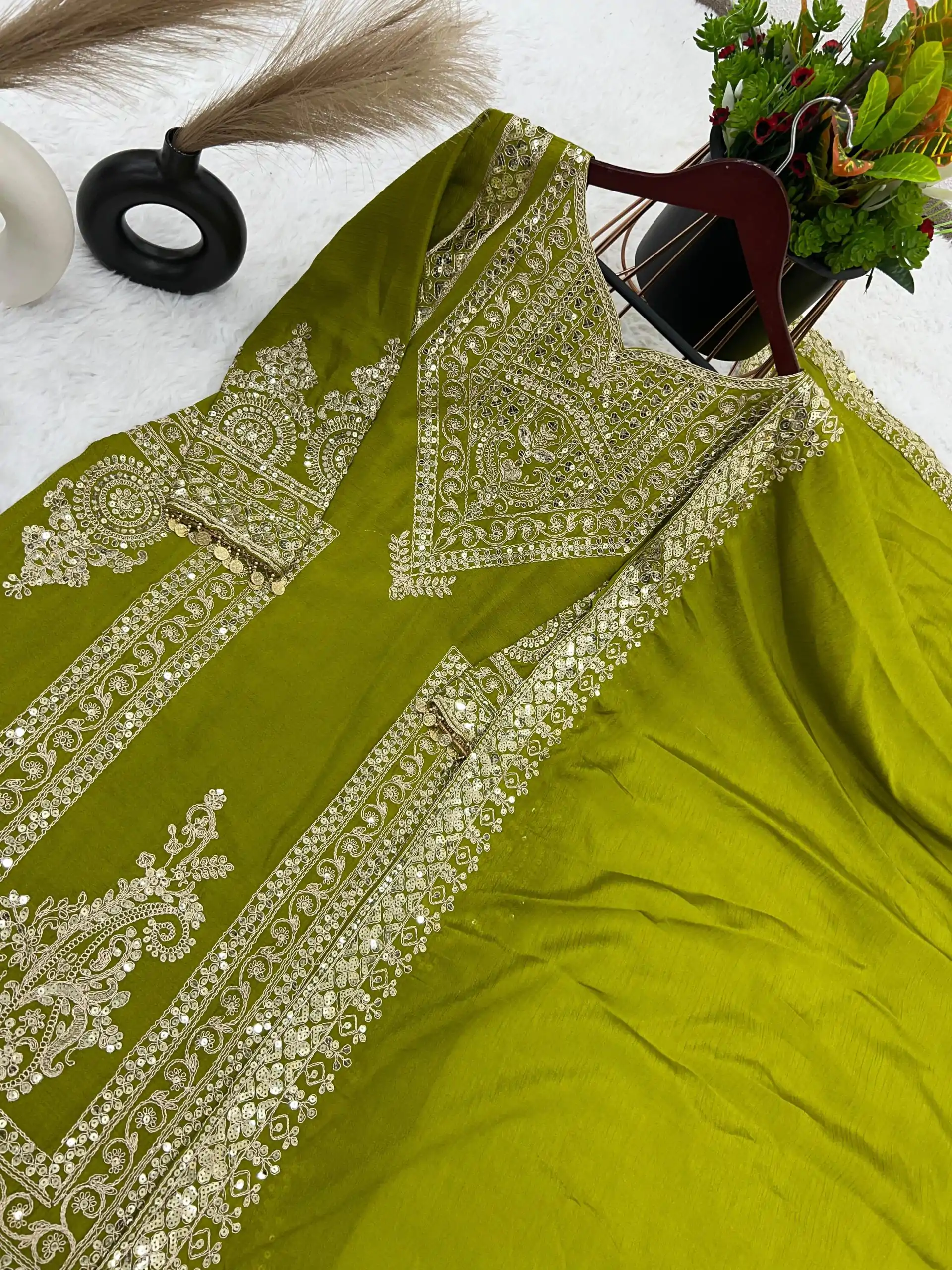NSR 805 Green Color Pure Chinnon Silk Embroidery Coding Salwar Suit Casual, Party Festive, Events Etc. Expected Delivery 4-6 Working Days @2149/- | Casual Suits, Jump Suits, Creative suits, Designer Suits, Palazzo Suits, Party Wear Suits, Patiala Suits, Salwar suit, Straight Suits