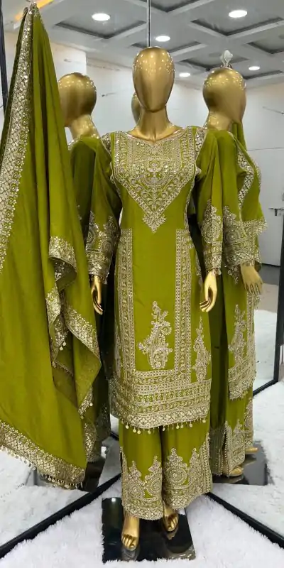 NSR 805 Green Color Pure Chinnon Silk Embroidery Coding Salwar Suit Casual, Party Festive, Events Etc. Expected Delivery 4-6 Working Days @2149/- | Casual Suits, Jump Suits, Creative suits, Designer Suits, Palazzo Suits, Party Wear Suits, Patiala Suits, Salwar suit, Straight Suits