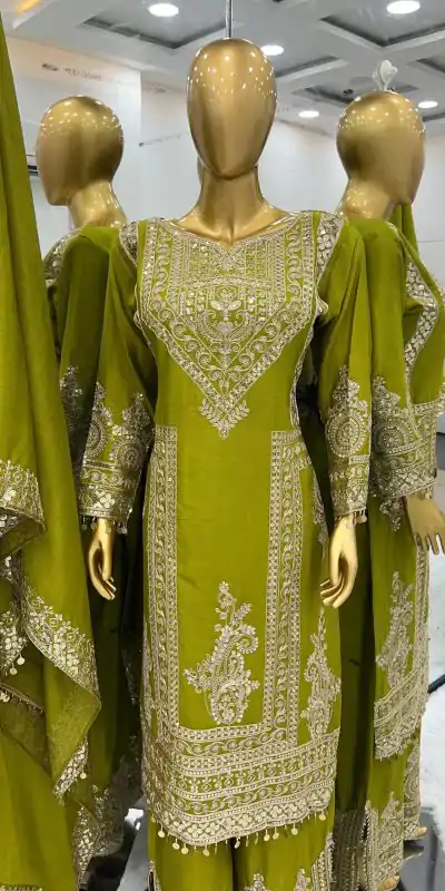 NSR 805 Green Color Pure Chinnon Silk Embroidery Coding Salwar Suit Casual, Party Festive, Events Etc. Expected Delivery 4-6 Working Days @2149/- | Casual Suits, Jump Suits, Creative suits, Designer Suits, Palazzo Suits, Party Wear Suits, Patiala Suits, Salwar suit, Straight Suits