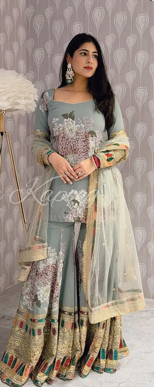 SR 1618 Grey Color Heavy Chinnon Silk Embroidery Work Sharara Suit Wedding, Party, Festive, Events Etc. Expected Delivery 4-6 Working Days @2149 | Casual Suits, Creative suits, Designer Suits, Palazzo Suits, Party Wear Suits, Salwar suit, Straight Suits