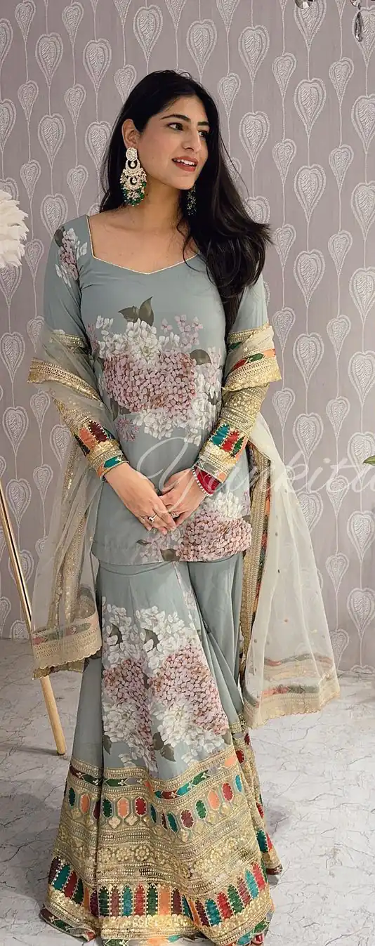 SR 1618 Grey Color Heavy Chinnon Silk Embroidery Work Sharara Suit Wedding, Party, Festive, Events Etc. Expected Delivery 4-6 Working Days @2149 | Casual Suits, Creative suits, Designer Suits, Palazzo Suits, Party Wear Suits, Salwar suit, Straight Suits