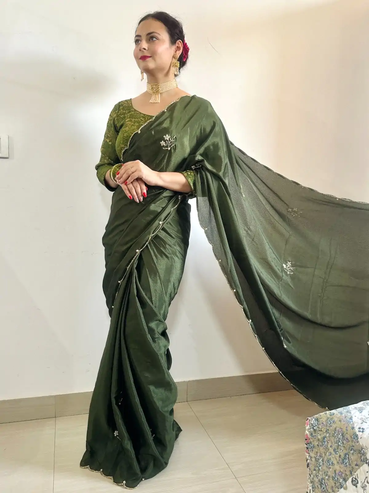   AC BEAUTY Stone Green Color Soft Chinnon Hand Work Flower Design Saree Casual, Wedding, Festive, Events Expected Delivery 4-6 Working Days @2449/- | Bollywood Sarees, Creative Sarees, Designer Sarees, Embroidered Sarees, Ethnic Saree, Modern Digital sarees, Party Wear Sarees, Sarees