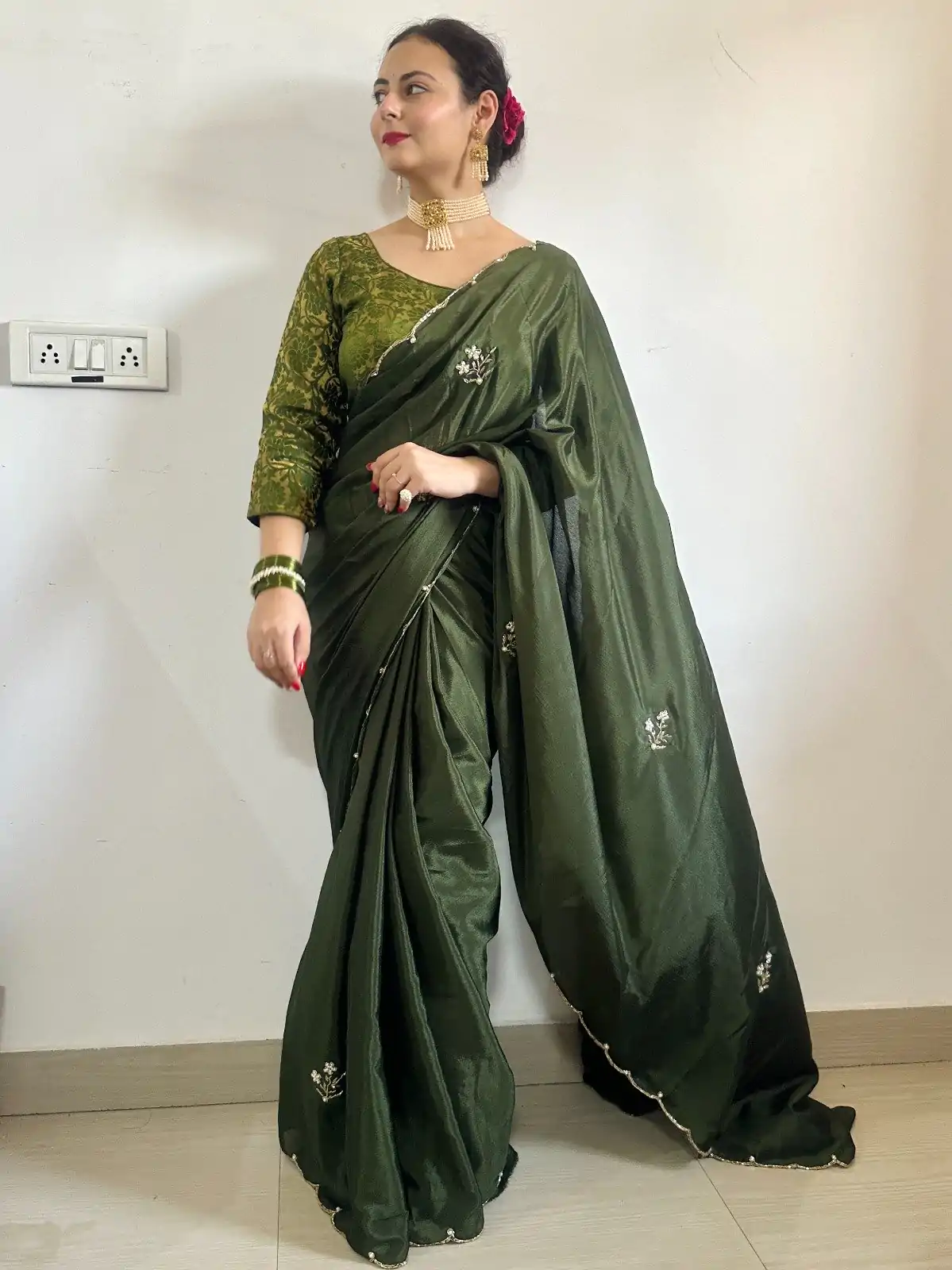   AC BEAUTY Stone Green Color Soft Chinnon Hand Work Flower Design Saree Casual, Wedding, Festive, Events Expected Delivery 4-6 Working Days @2449/- | Bollywood Sarees, Creative Sarees, Designer Sarees, Embroidered Sarees, Ethnic Saree, Modern Digital sarees, Party Wear Sarees, Sarees