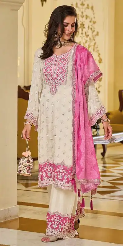 KF 1637 White Georgette Chine Sequins Work Salwar Suit Wedding, Party, Festive, Events Etc.  Expected Delivery 4-6 Working Days @2099/-Only | Casual Suits, Creative suits, Designer Suits, Palazzo Suits, Party Wear Suits, Salwar suit, Straight Suits