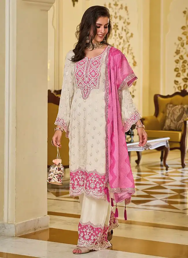 KF 1637 White Georgette Chine Sequins Work Salwar Suit Wedding, Party, Festive, Events Etc. Expected Delivery 4-6 Working Days @2099/-Only | Casual Suits, Creative suits, Designer Suits, Palazzo Suits, Party Wear Suits, Salwar suit, Straight Suits