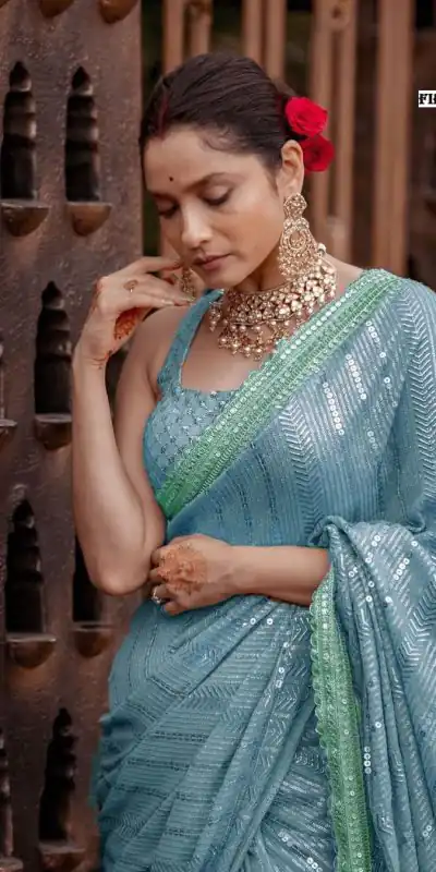 DF 3268 Firozi Color Georgette Beautiful Embroidery Saree Casual, Party Wear, Wedding, Events Etc Delivery Expected.4-6 Working Days 1749/ | Bollywood Sarees, Creative Sarees, Designer Sarees, Embroidered Sarees, Ethnic Saree, Modern Digital sarees, Party Wear Sarees, Sarees