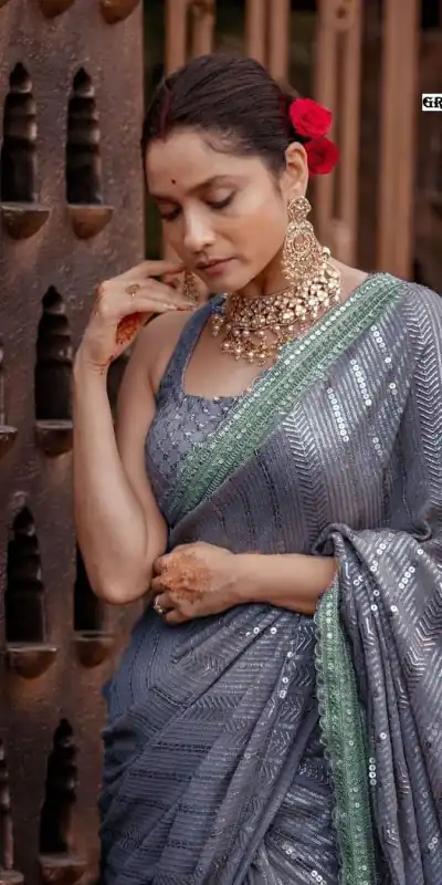 DF 3268 Grey Color Georgette Beautiful Embroidery Saree Casual, Party Wear, Wedding, Events Etc Delivery Expected.4-6 Working Days 1749/ | Bollywood Sarees, Creative Sarees, Designer Sarees, Embroidered Sarees, Ethnic Saree, Modern Digital sarees, Party Wear Sarees, Sarees