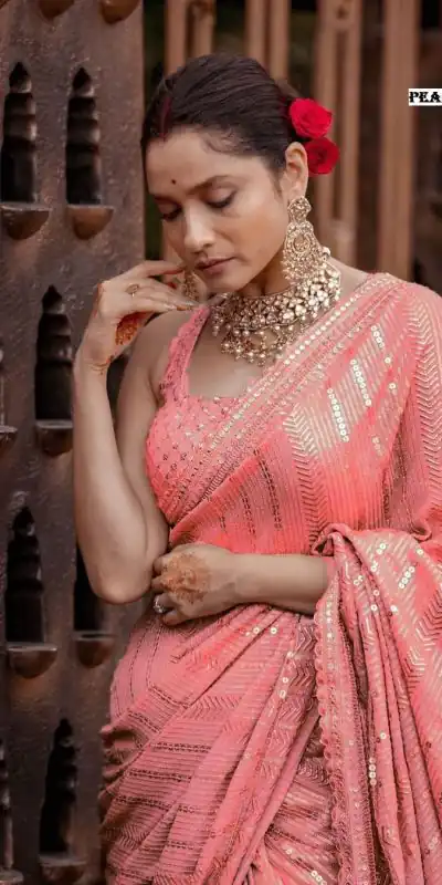DF 3268 Peach Color Georgette Beautiful Embroidery Saree Casual, Party Wear, Wedding, Events Etc Delivery Expected.4-6 Working Days 1749/ | Bollywood Sarees, Creative Sarees, Designer Sarees, Embroidered Sarees, Ethnic Saree, Modern Digital sarees, Party Wear Sarees, Sarees