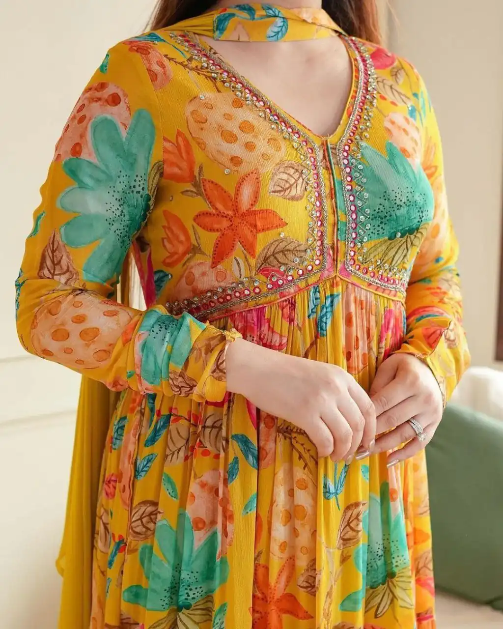 MC 1018 Yellow Color Chiffon V-Neck Gathered Midi Gown Casual, Party Wear, Wedding, Events, Festivals Wear Expected Delivery 4-6 Working Days @1899/- | Bollywood Gowns, Creative Gowns, Designer Gowns, Embroidered Gowns, Gowns, Party Wear Gowns