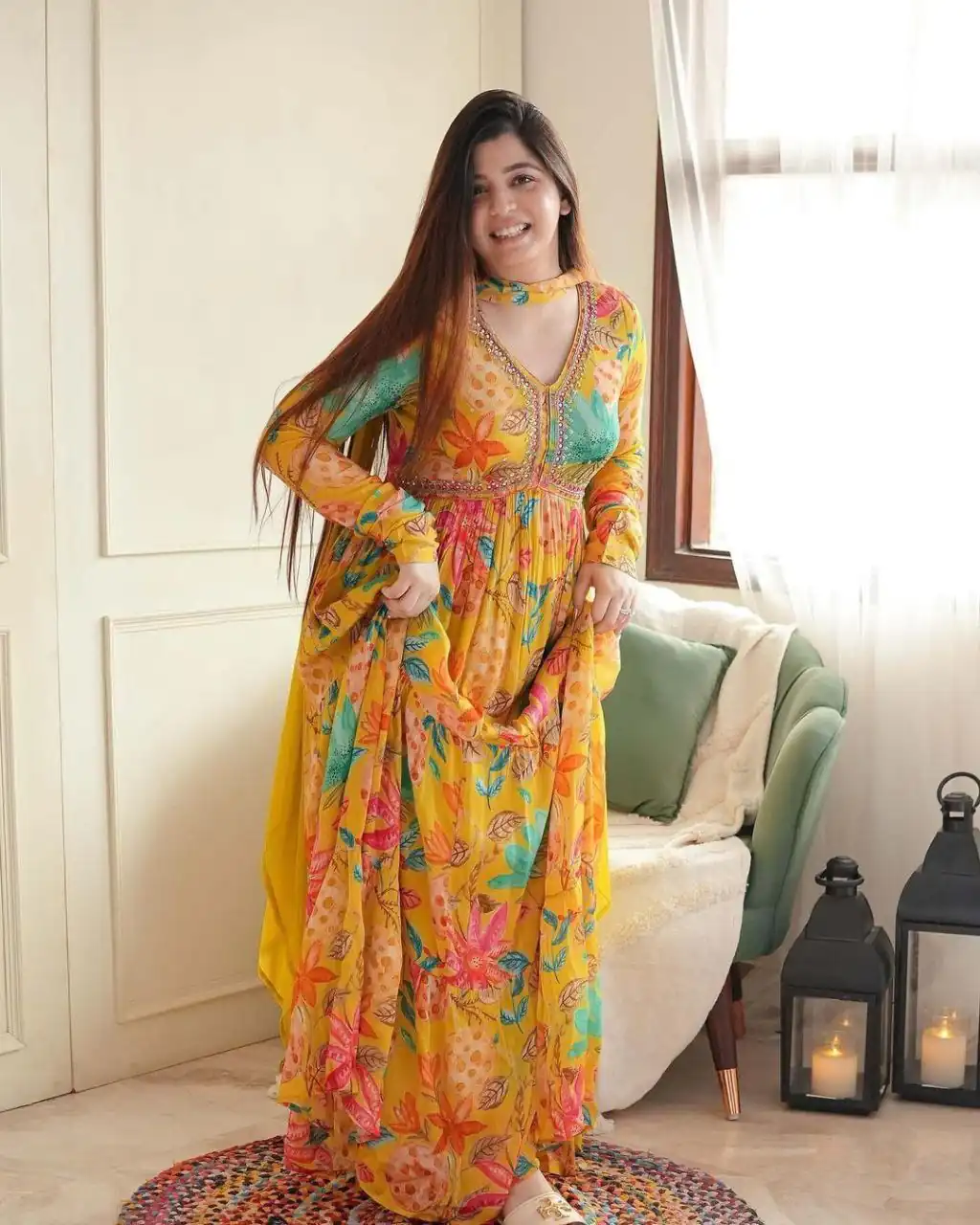MC 1018 Yellow Color Chiffon V-Neck Gathered Midi Gown Casual, Party Wear, Wedding, Events, Festivals Wear Expected Delivery 4-6 Working Days @1899/- | Bollywood Gowns, Creative Gowns, Designer Gowns, Embroidered Gowns, Gowns, Party Wear Gowns