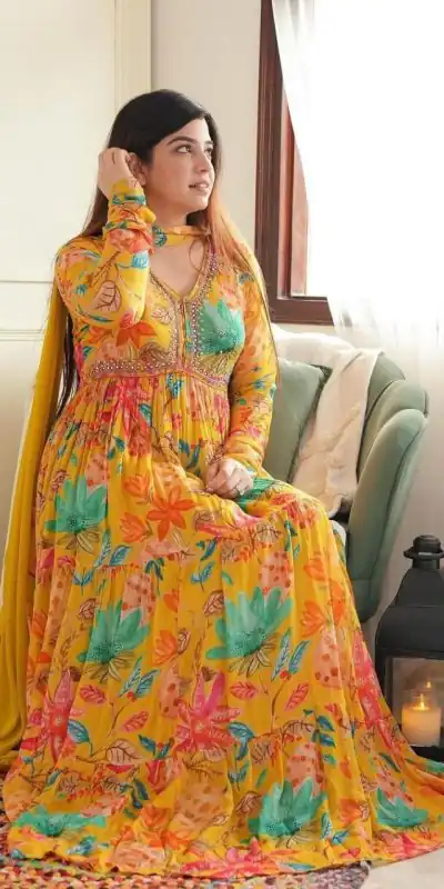 MC 1018 Yellow Color Chiffon V-Neck Gathered Midi Gown Casual, Party Wear, Wedding, Events, Festivals Wear Expected Delivery 4-6 Working Days @1899/- | Bollywood Gowns, Creative Gowns, Designer Gowns, Embroidered Gowns, Gowns, Party Wear Gowns