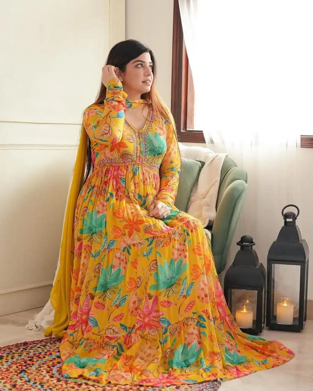 MC 1018 Yellow Color Chiffon V-Neck Gathered Midi Gown Casual, Party Wear, Wedding, Events, Festivals Wear Expected Delivery 4-6 Working Days @1899/- | Bollywood Gowns, Creative Gowns, Designer Gowns, Embroidered Gowns, Gowns, Party Wear Gowns