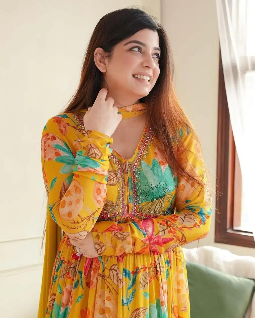 MC 1018 Yellow Color Chiffon V-Neck Gathered Midi Gown Casual, Party Wear, Wedding, Events, Festivals Wear Expected Delivery 4-6 Working Days @1899/- | Bollywood Gowns, Creative Gowns, Designer Gowns, Embroidered Gowns, Gowns, Party Wear Gowns