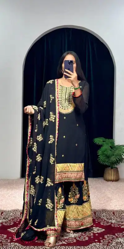 ST 1050 Black Color Georgette Embroidery Stone & Mirror Salwar Suit Casual, Wedding, Party, Festive, Events Etc. Expected Delivery 4-6 Working Days @2199/- | Jump Suits, Casual Suits, Creative suits, Designer Suits, Palazzo Suits, Party Wear Suits, Patiala Suits, Salwar suit, Straight Suits