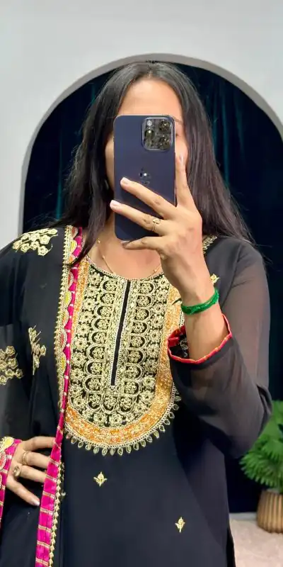 ST 1050 Black Color Georgette Embroidery Stone & Mirror Salwar Suit Casual, Wedding, Party, Festive, Events Etc. Expected Delivery 4-6 Working Days @2199/- | Jump Suits, Casual Suits, Creative suits, Designer Suits, Palazzo Suits, Party Wear Suits, Patiala Suits, Salwar suit, Straight Suits