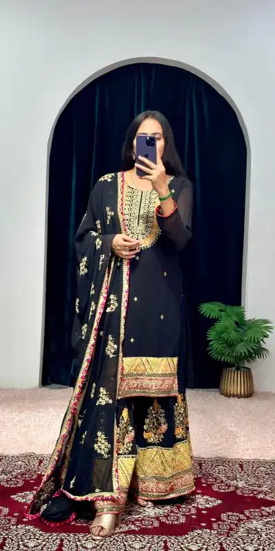 ST 1050 Black Color Georgette Embroidery Stone & Mirror Salwar Suit Casual, Wedding, Party, Festive, Events Etc. Expected Delivery 4-6 Working Days @2199/- | Jump Suits, Casual Suits, Creative suits, Designer Suits, Palazzo Suits, Party Wear Suits, Patiala Suits, Salwar suit, Straight Suits