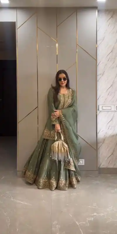 ZF 375 Green Color Chinnon Silk Embroidery Sequence Salwar Suit Casual, Wedding, Party, Events Etc. Expected Delivery 4-6 Working Days 2099/- | Casual Suits, Jump Suits, Creative suits, Designer Suits, Palazzo Suits, Party Wear Suits, Patiala Suits, Salwar suit, Straight Suits