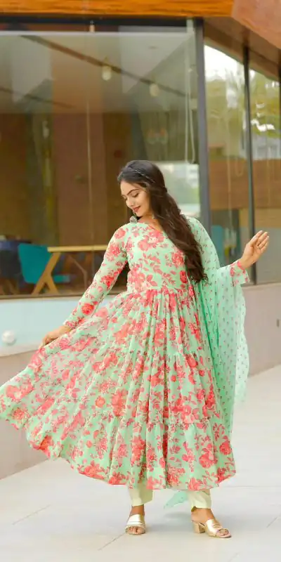 NF 1121 Green color Georgette Material Digital Printed Anarkali Suit Casual, Wedding, Party, Festive, Events . Expected Delivery  4-6 Working Days @2099 | Anarkali Suits, Bollywood Anarkali, Creative-Anarkali, Designer Anarkali, Embroidered Anarkali, Party Wear Anarkali