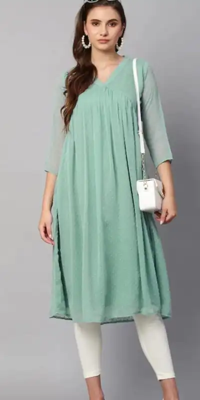 MC 1020 Light Green Color Chiffon V-Neck Gathered Midi Kurti Casual, Party Wear, Wedding, Events, Festivals Wear Expected Delivery 4-6 Working Days @1399/- | Bollywood Kurti, Creative Kurtis, Designer Kurti, Kurti, Party Wear Kurti, Selfie Kurti