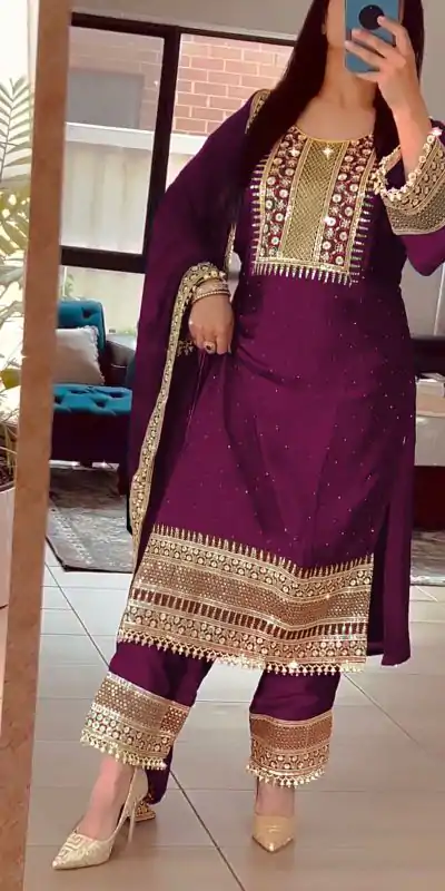 ZF 371 Purple Color Chinnon Silk Embroidery Salwar Suit Casual, Wedding, Party, Events Etc. Expected Delivery 4-6 Working Days 2099/- | Casual Suits, Creative suits, Jump Suits, Designer Suits, Palazzo Suits, Party Wear Suits, Patiala Suits, Salwar suit, Straight Suits