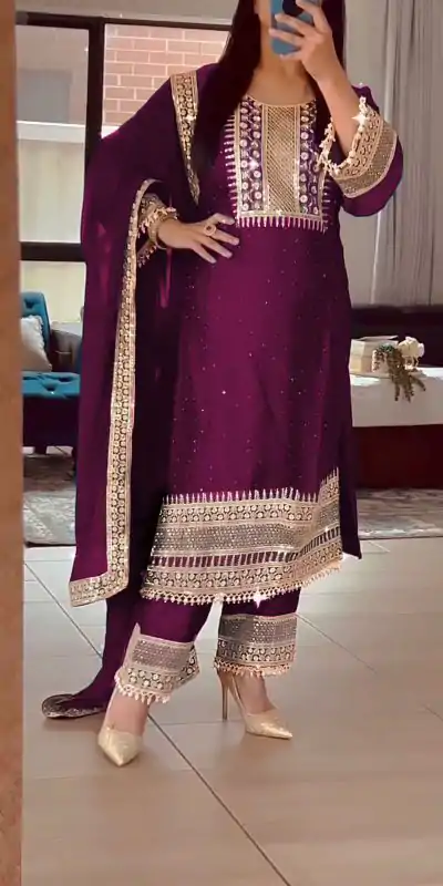 ZF 371 Purple Color Chinnon Silk Embroidery Salwar Suit Casual, Wedding, Party, Events Etc. Expected Delivery 4-6 Working Days 2099/- | Casual Suits, Creative suits, Jump Suits, Designer Suits, Palazzo Suits, Party Wear Suits, Patiala Suits, Salwar suit, Straight Suits