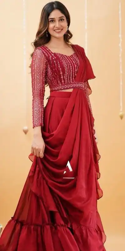 BE 225 Red Color Georgette Ruffle Blouse Embroidery Lehenga Saree Wedding, Party, Festive events, etc. Expected Delivery 4-6 Working Days @1999/- | Bollywood Lehenga, Creative Lehenga, Designer Lehenga, Embroidered Lehenga, Lehenga, Party Wear Lehenga