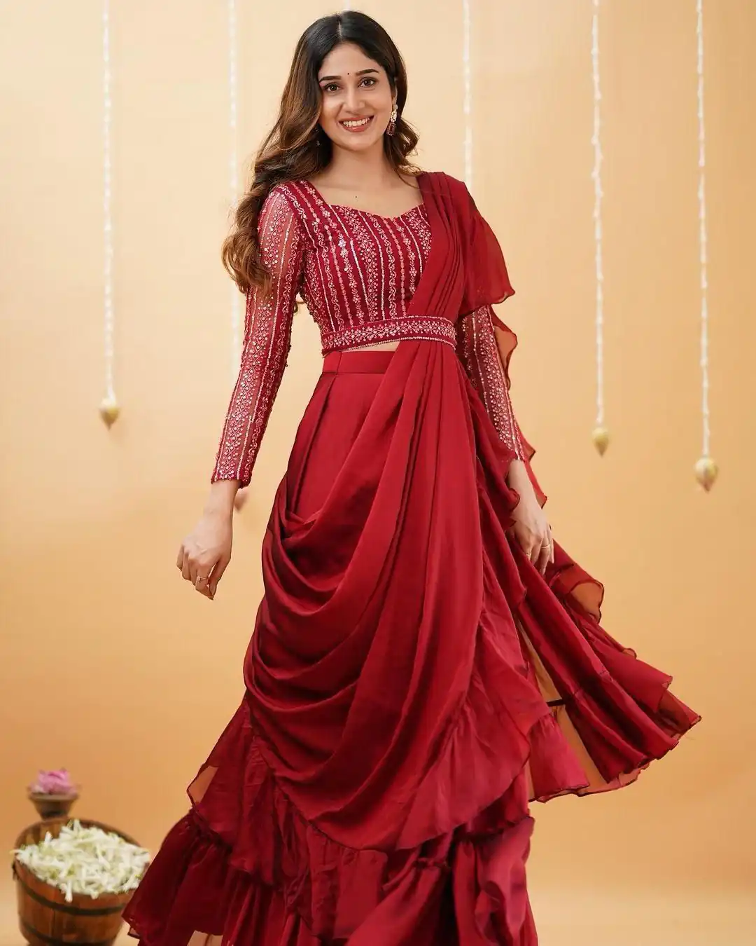 BE 225 Red Color Georgette Ruffle Blouse Embroidery Lehenga Saree Wedding, Party, Festive events, etc.  Expected Delivery  4-6 Working Days @1999/- | Bollywood Lehenga, Creative Lehenga, Designer Lehenga, Embroidered Lehenga, Lehenga, Party Wear Lehenga