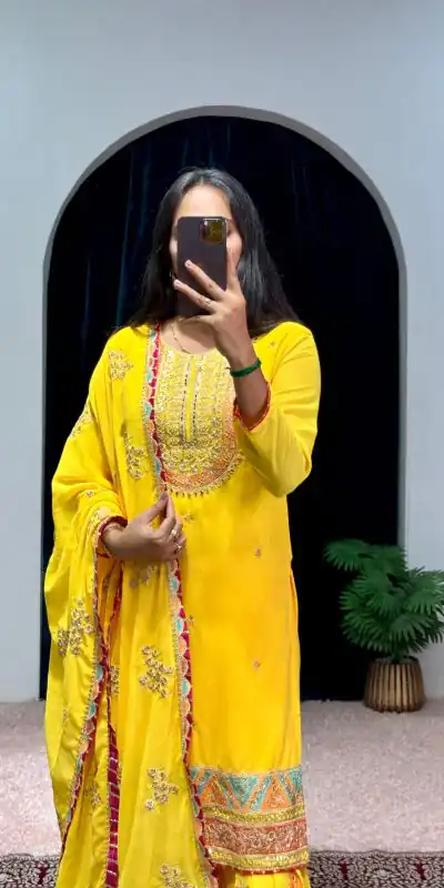 ST 1050 Yellow Color Georgette Embroidery Stone & Mirror Salwar Suit Casual, Wedding, Party, Festive, Events Etc. Expected Delivery 4-6 Working Days @2199/- | Jump Suits, Casual Suits, Creative suits, Designer Suits, Palazzo Suits, Party Wear Suits, Patiala Suits, Salwar suit, Straight Suits