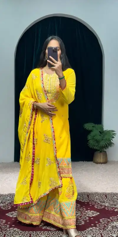 ST 1050 Yellow Color Georgette Embroidery Stone & Mirror Salwar Suit Casual, Wedding, Party, Festive, Events Etc. Expected Delivery 4-6 Working Days @2199/- | Jump Suits, Casual Suits, Creative suits, Designer Suits, Palazzo Suits, Party Wear Suits, Patiala Suits, Salwar suit, Straight Suits