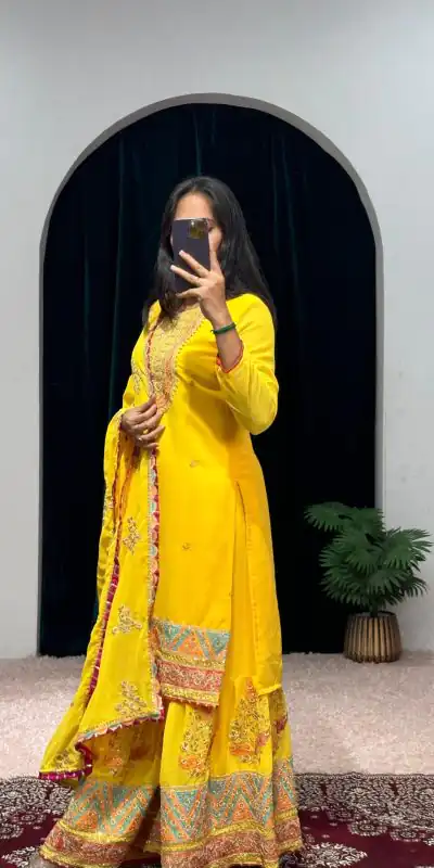 ST 1050 Yellow Color Georgette Embroidery Stone & Mirror Salwar Suit Casual, Wedding, Party, Festive, Events Etc. Expected Delivery 4-6 Working Days @2199/- | Jump Suits, Casual Suits, Creative suits, Designer Suits, Palazzo Suits, Party Wear Suits, Patiala Suits, Salwar suit, Straight Suits
