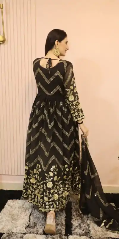 DC G51 Black Color Georgette Sequence Embroidery Gown Casual, Wedding, Party, Festive, Events Etc. Expected Delivery 4-6 Working Days @2099/- | Bollywood Gowns, Creative Gowns, Designer Gowns, Embroidered Gowns, Gowns, Saree Materials