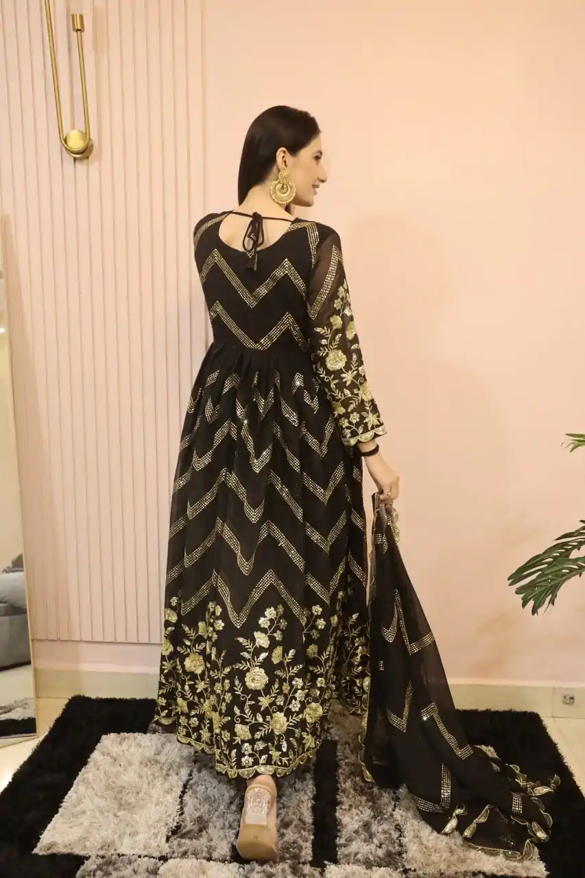 DC G51 Black Color Georgette Sequence Embroidery Gown Casual, Wedding, Party, Festive, Events Etc. Expected Delivery 4-6 Working Days @2099/- | Bollywood Gowns, Creative Gowns, Designer Gowns, Embroidered Gowns, Gowns, Saree Materials