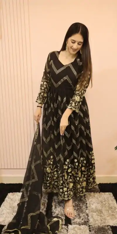 DC G51 Black Color Georgette Sequence Embroidery Gown Casual, Wedding, Party, Festive, Events Etc. Expected Delivery 4-6 Working Days @2099/- | Bollywood Gowns, Creative Gowns, Designer Gowns, Embroidered Gowns, Gowns, Saree Materials