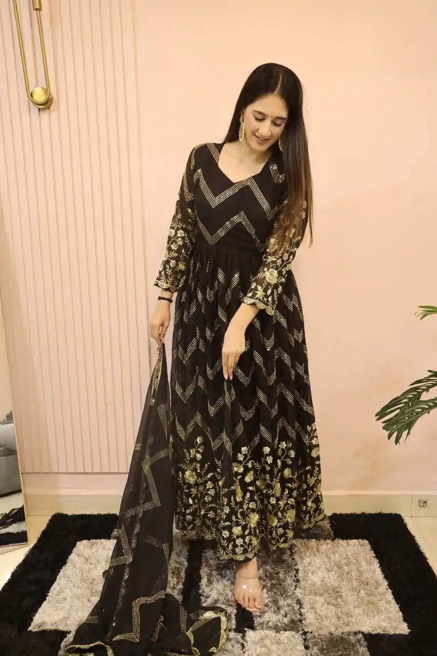 DC G51 Black Color Georgette Sequence Embroidery Gown Casual, Wedding, Party, Festive, Events Etc. Expected Delivery 4-6 Working Days @2099/- | Bollywood Gowns, Creative Gowns, Designer Gowns, Embroidered Gowns, Gowns, Saree Materials