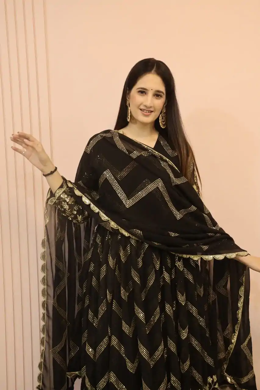 DC G51 Black Color Georgette Sequence Embroidery Gown Casual, Wedding, Party, Festive, Events Etc. Expected Delivery 4-6 Working Days @2099/- | Bollywood Gowns, Creative Gowns, Designer Gowns, Embroidered Gowns, Gowns, Saree Materials