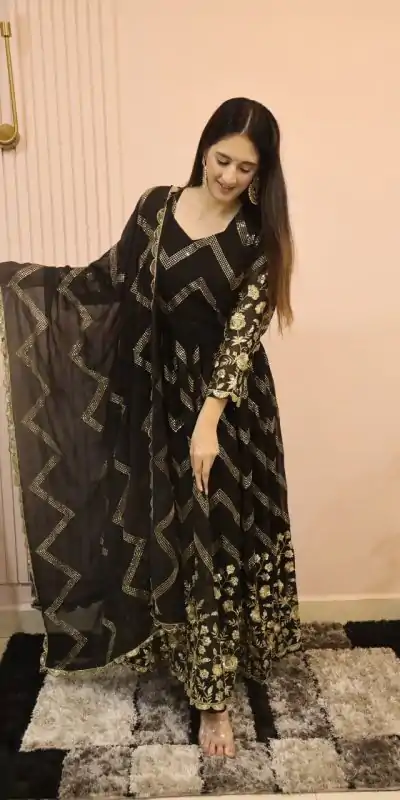 DC G51 Black Color Georgette Sequence Embroidery Gown Casual, Wedding, Party, Festive, Events Etc. Expected Delivery 4-6 Working Days @2099/- | Bollywood Gowns, Creative Gowns, Designer Gowns, Embroidered Gowns, Gowns, Saree Materials