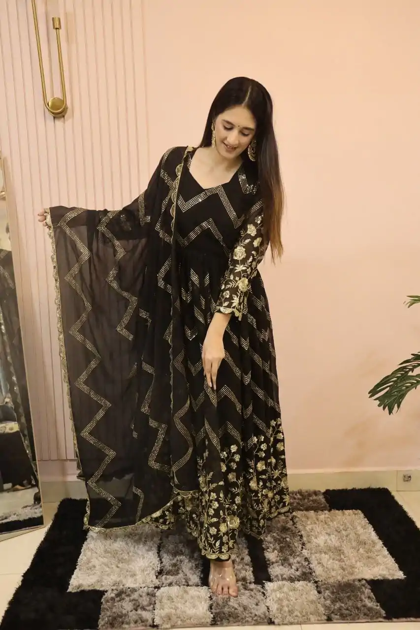 DC G51 Black Color Georgette Sequence Embroidery Gown Casual, Wedding, Party, Festive, Events Etc. Expected Delivery 4-6 Working Days @2099/- | Bollywood Gowns, Creative Gowns, Designer Gowns, Embroidered Gowns, Gowns, Saree Materials