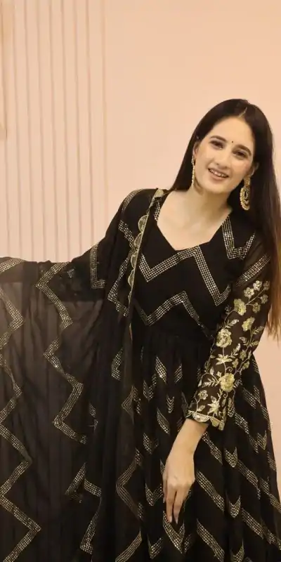 DC G51 Black Color Georgette Sequence Embroidery Gown Casual, Wedding, Party, Festive, Events Etc. Expected Delivery 4-6 Working Days @2099/- | Bollywood Gowns, Creative Gowns, Designer Gowns, Embroidered Gowns, Gowns, Saree Materials